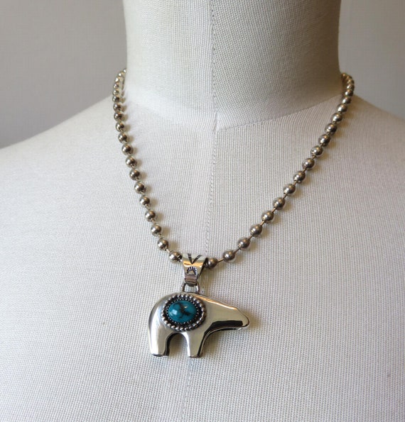 Solid Sterling Silver Zuni Navajo Fetish Bear Turquoise Pendant by You Got The Silver