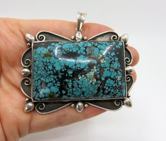 Vintage Huge Sterling Silver Turquoise Navajo Pendant 90.8 grams