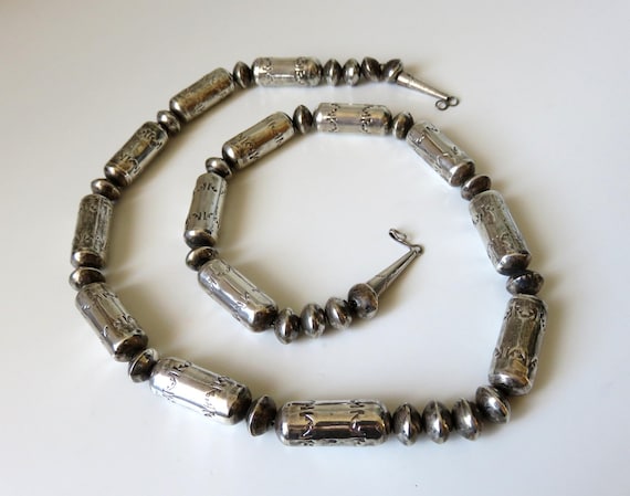 Vintage Huge Sterling Silver Navajo Stamped Old Pawn Tubular Bead Necklace 27-28" length 95 grams