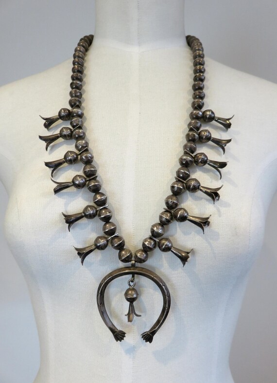 543 Gram Important Native American Navajo Rare Turquoise Sterling Silver Squash Blossom Necklace 543 Gram Important Native American Navajo Rare Turquoise Sterling Silver Squash Blossom Necklace