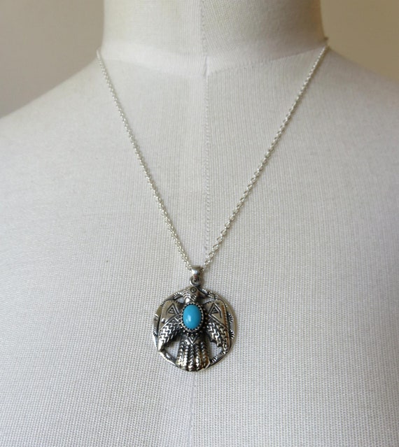 Solid Sterling Silver Turquoise Navajo Thunderbird Eagle Pendant