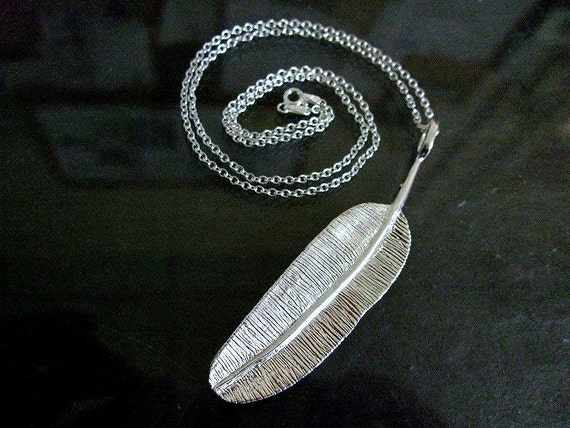 Solid Sterling Silver Large Navajo Feather Pendant Necklace