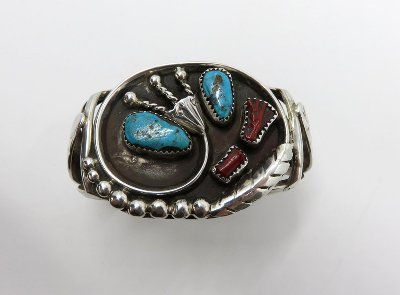 Vintage Navajo Sterling Silver Turquoise Coral Bangle Cuff - Etsy