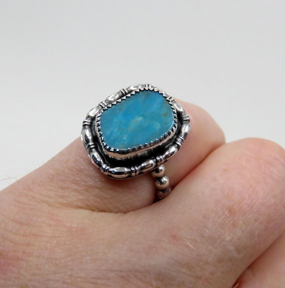 Solid Sterling Bespoke Silver Cushion Turquoise Navajo Beaded Ring size O 1/2 (USA 7.25)