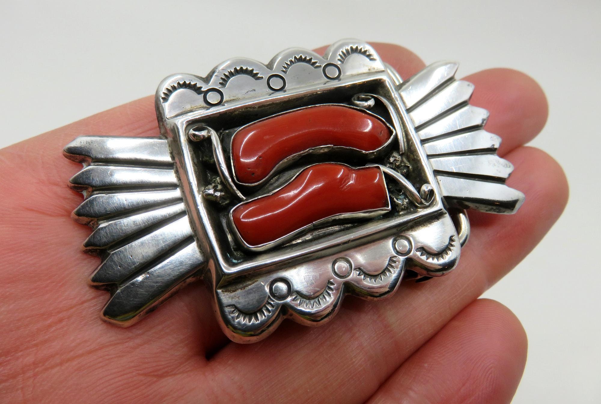 Vintage Sterling Silver Navajo Stamped Coral Belt Buckle by