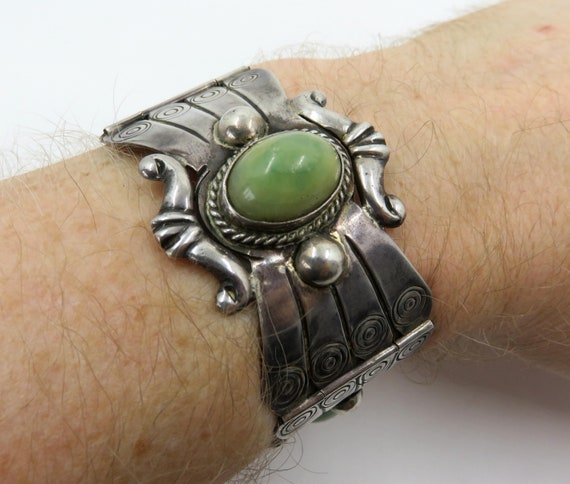 Vintage Heavy Sterling Silver Turquoise Taxco Hinged Panel Bracelet 64.5 grams 6.5" - 7.25" length Mexico