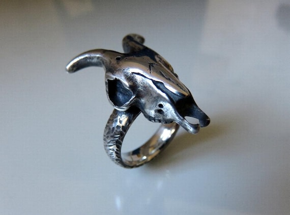 Solid Sterling Silver Ram Steer Skull Ring