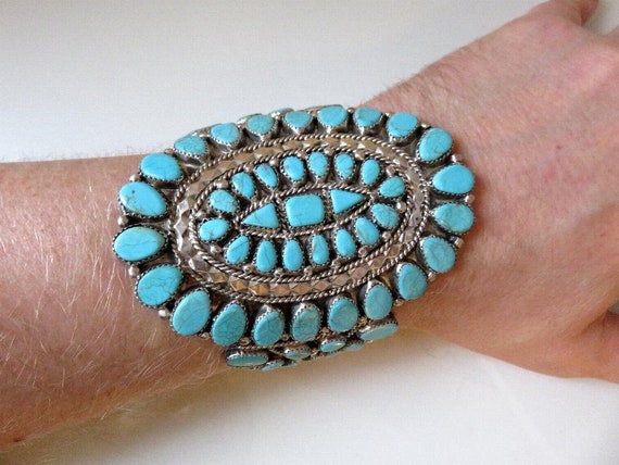 Vintage Sterling Silver Turquoise Bangle Cuff Petit Point by Navajo Artisan Thelma Yazzie 91 grams