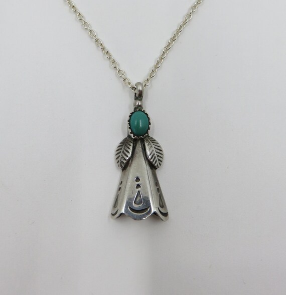 Vintage Solid Sterling Silver Turquoise Navajo Squash Blossom Pendant