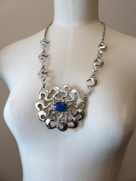 Vintage Sterling Silver Blue Agate Floral Sun Pendant necklace 20" Length 94.2 grams Gümüş 925