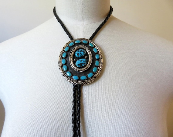 Vintage Sterling Silver Huge Navajo Multi Turquoise Stamped Bolo Tie signed by the artisan Rose & Alvin Boy