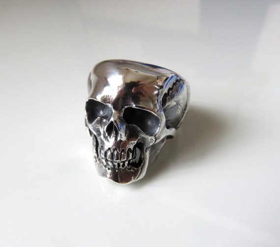 Solid Sterling Silver Large Skull Ring Full Jaw Anatomical Skull Ring Keith Richards Day Of The Dead Memento Mori 45 grams