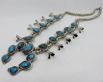 Vintage Sterling Silver Turquoise Squash Blossom Necklace Old Pawn Navajo 24" Length 134.5 grams Old Pawn