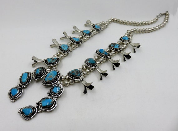 Vintage Sterling Silver Turquoise Squash Blossom Necklace Old Pawn Navajo 24" Length 134.5 grams Old Pawn