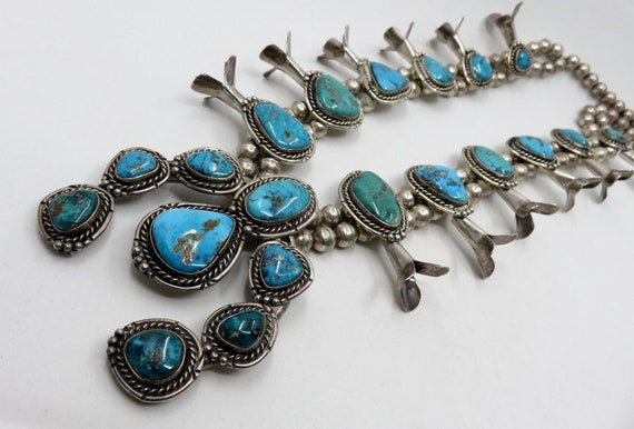 Heavy 248 Gram Vintage Native American Navajo Turquoise Sterling Silver Squash Blossom Necklace Heavy 248 Gram Vintage Native American Navajo Turquoise Sterling Silver Squash Blossom Necklace