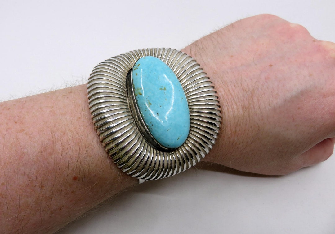 Vintage Navajo Turquoise Sterling Silver Cuff Bangle, E Jackson