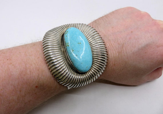 Vintage Huge Sterling Silver Navajo Turquoise Stamped Overlay Bangle Cuff by artisan E Jackson 187 grams