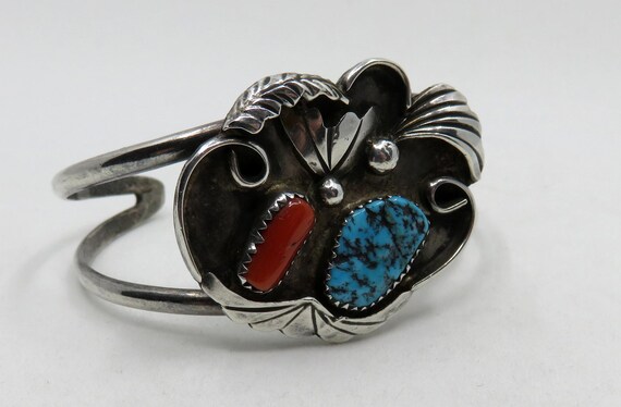 Vintage Sterling Silver Navajo Turquoise and Cora… - image 3