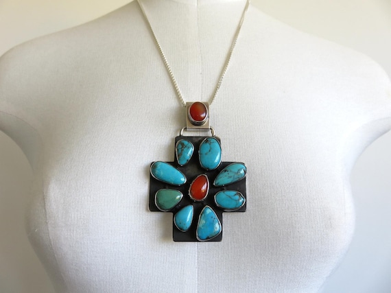 Vintage Huge Sterling Silver Turquoise Carnelian Navajo Cross Pendant 71 grams