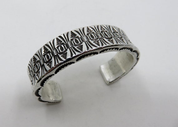 Vintage Sterling Silver Navajo Heavily Stamped Cuff Bangle by renown artisan Marian Nez 97 grams