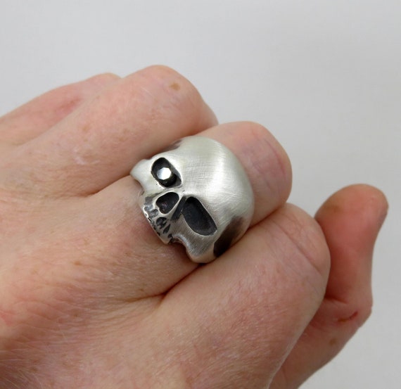 Solid Sterling Silver Half Jaw Skull Ring Keith Richards set with a Black Diamonds 0.30cts