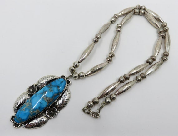Vintage Sterling Silver Navajo Turquoise Naja Bead Necklace Pendant Old Pawn 20" Length 37.5 grams Squash Blossom