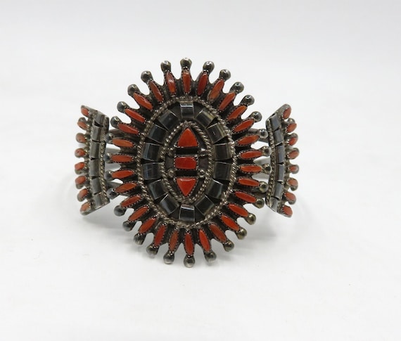Vintage Sterling Silver Navajo Zuni Coral Bangle Cuff Needle Point signed by artisan 22.7 grams