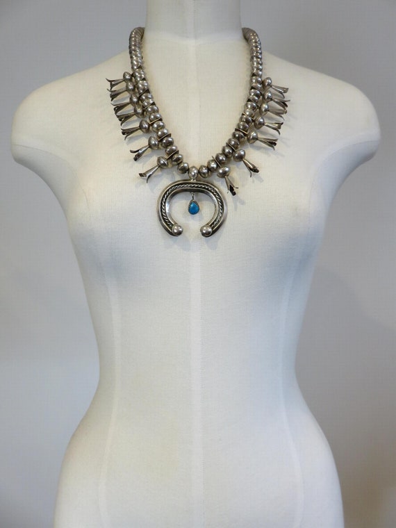 Vintage Sterling Silver Navajo Turquoise Squash Blossom Necklace 24" Length 127.5 grams