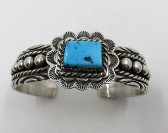 Vintage Sterling Silver Navajo Turquoise Stamped Overlay Bangle Cuff 35.5 grams signed by the artisan