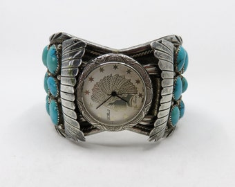 Vintage Huge Sterling Silver Navajo Turquoise Watch Bangle