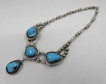 Vintage Sterling Silver Bead Navajo Turquoise Necklace Drop Pendant 16.5" Length 61 grams Squash Blossom