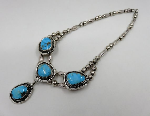 Vintage Sterling Silver Bead Navajo Turquoise Necklace Drop Pendant 16.5" Length 61 grams Squash Blossom