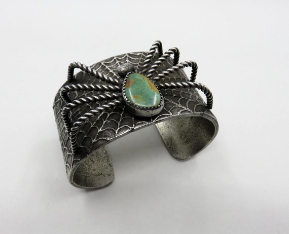 Vintage Huge Sterling Silver Navajo Tufa Cast Spider Turquoise Bangle Cuff 135.6 grams by artisan Jacob Troncosa