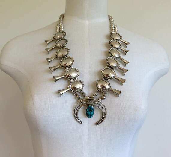 Vintage Sterling Silver Navajo Turquoise Squash Blossom Concho Necklace 24" Length 124 grams