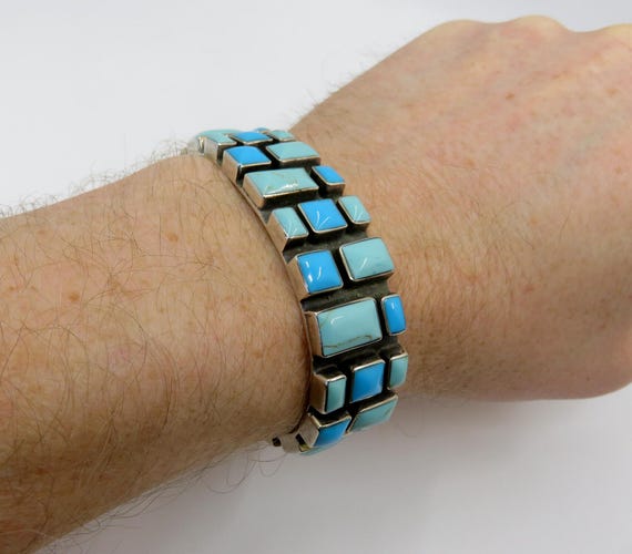 Vintage Taxco Solid Sterling Silver Multi Turquoise Mexican Bangle Cuff 66.5 grams