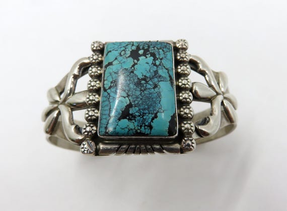 Vintage Sterling Silver Navajo Turquoise Applique Bangle Cuff 45.5 grams by Charles Johnson