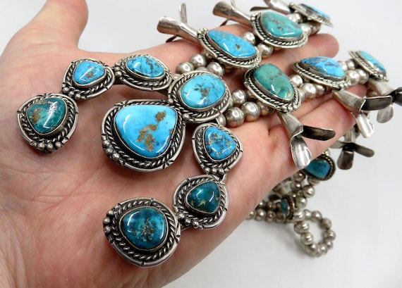 Heavy Vintage Native American Navajo Turquoise Sterling Silver Squash Blossom Necklace Authentic Heavy Vintage Native American Navajo Turquoise Sterling Silver Squash Blossom Necklace Authentic