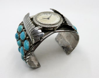 Vintage Huge Sterling Silver Navajo Turquoise Watch Bangle