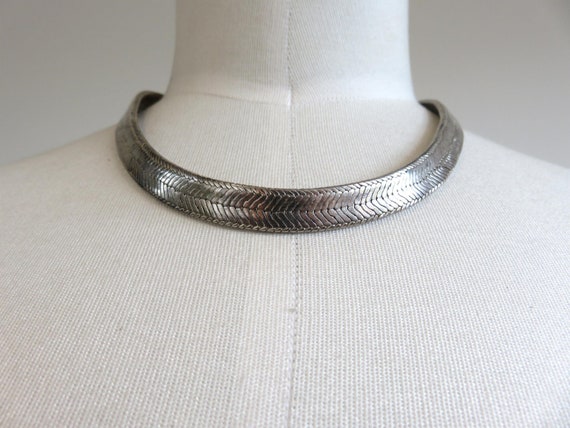 Vintage Rajasthan Indian Sterling Silver Flat Snakechain Woven Link Necklace Choker 16" Length 87.6 grams