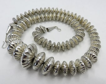 Vintage Huge Sterling Silver Navajo Stamped Pearl Cushion Concho Bead Necklace 24" length 95.2 grams