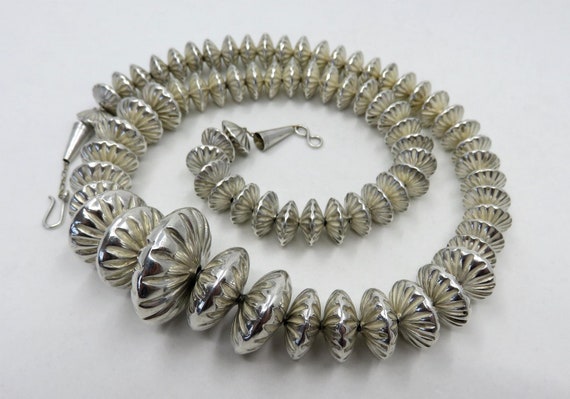 Vintage Huge Sterling Silver Navajo Stamped Pearl Cushion Concho Bead Necklace 24" length 95.2 grams