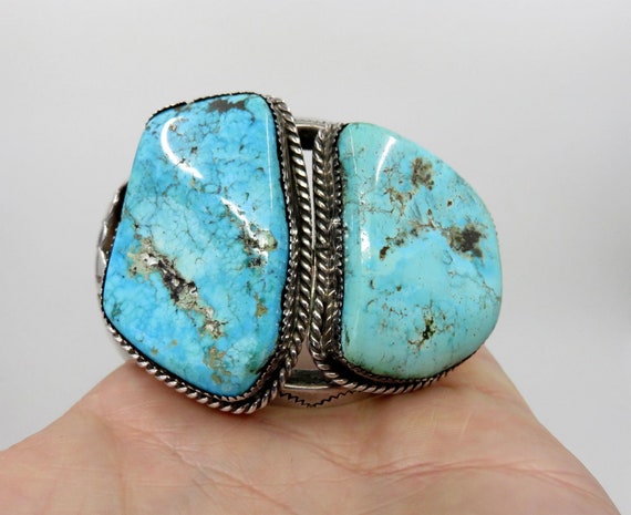 Vintage Huge Sterling Silver Navajo Turquoise Bangle Cuff signed by the artisan Old Pawn 145 grams