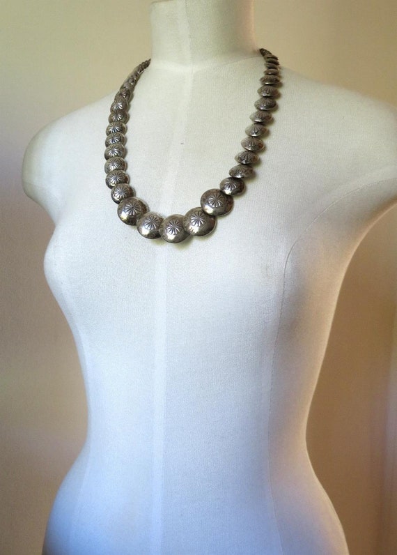 Vintage Sterling Silver Stamped Navajo Bead Necklace Old Pawn Graduated 24" length 52.5 grams