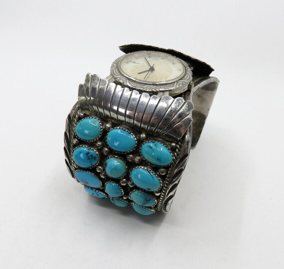 Vintage Huge Sterling Silver Navajo Turquoise Watch Bangle Cuff signed by the artisan W Spencer 101.5 grams