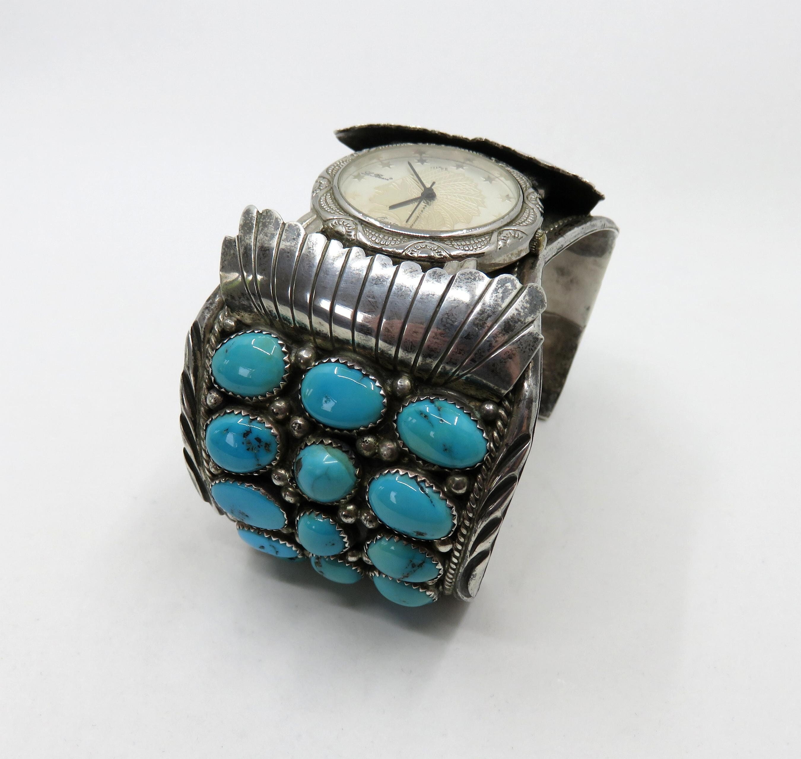 Vintage Huge Sterling Silver Navajo Turquoise Watch Bangle Vintage Huge Sterling Silver Navajo Turquoise Watch Bangle