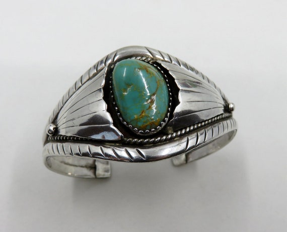 Vintage Sterling Silver Navajo Turquoise Stamped Overlay Bangle Cuff 33 grams