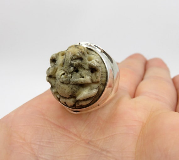 Vintage Solid Sterling Silver Carved Ganesh Hindu Indian Ring Size S (USA 9) Lord Ganesha