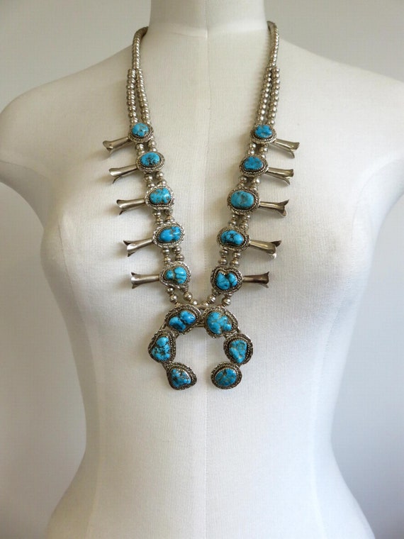 Vintage Sterling Silver Turquoise Squash Blossom Necklace Old Pawn Navajo 28" Length 102 grams Old Pawn