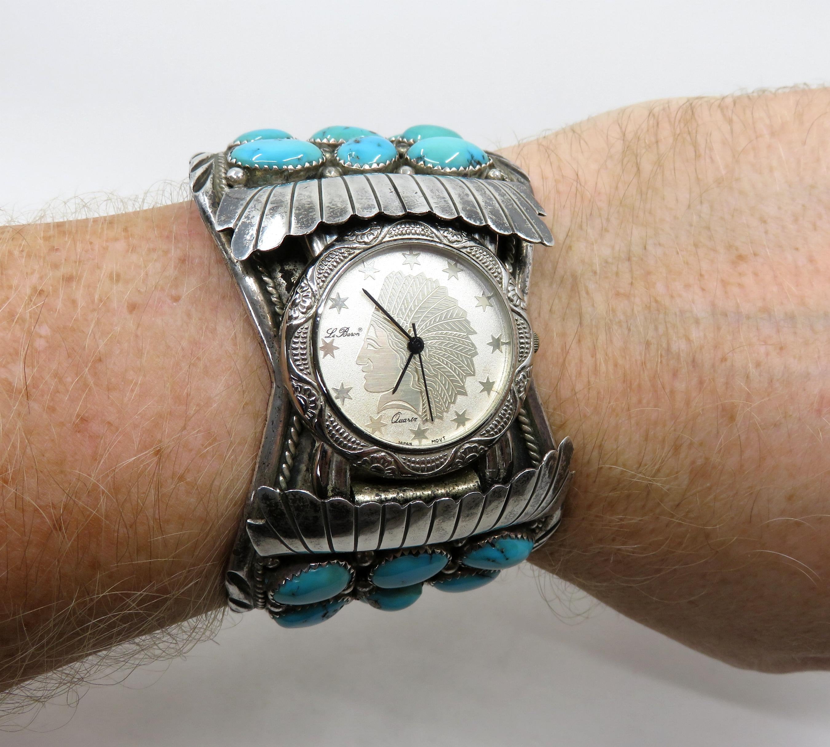 Vintage Huge Sterling Silver Navajo Turquoise Watch Bangle Vintage Huge Sterling Silver Navajo Turquoise Watch Bangle
