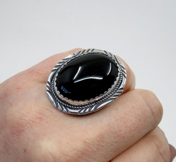 Solid Sterling Silver Oval Onyx Navajo Stamped Detail Ring size X (USA 11.75) by You Got The Silver